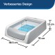 PetSafe automatische Katzentoilette mit verbessertem Design, Abmessungen 70 cm x 48,5 cm x 15 cm, mit blauer Streu und einem Reinigungsrechen.