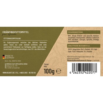 Ergänzungsfutter für Hunde, mit einem grünen und beigen Design, das Zutaten, Fütterungsempfehlungen und Nährwertanalysen zeigt.