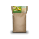 Braune Papiertüte mit biologischem Kükenstarterfutter, beschriftet mit "BIO-KÜKENSTARTER", mit einem Küken und Löwenzahn auf der Vorderseite.