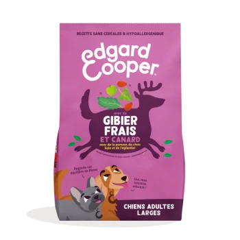 Sac rose Edgard Cooper : « GIBIER FRAIS ET CANARD », « CHIENS ADULTES GRANDES RACES », silhouette de cerf et deux chiens dessinés
