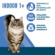 Langhaarige getigerte Katze mit dem Text 'INDOOR 1+' und deutschen Symbolen: Haarballenkontrolle, verringerter Geruch der Katzenstreu, Kontrolle eines gesunden Gewichts.