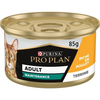 Eine Dose Purina Pro Plan Katzenfutter mit der Aufschrift "Erwachsene Pflege" mit einer getigerten Katze und den Texten "Riche en Poulet" und "Terrine."