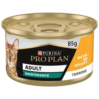 Eine Dose Purina Pro Plan Katzenfutter mit der Aufschrift "Erwachsene Pflege" mit einer getigerten Katze und den Texten "Riche en Poulet" und "Terrine."