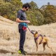 Eine Person in einem grauen T-Shirt und schwarzen Hosen steht auf einem grasbewachsenen Hügel und hält eine Leine, die an einem Hund in einem lila Geschirr befestigt ist.