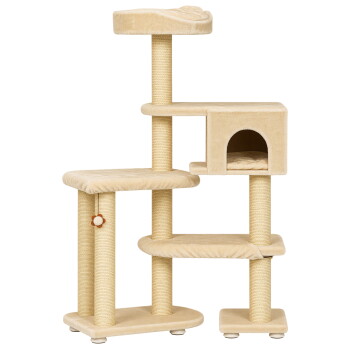 Arbre à chat beige multi-niveaux avec poteaux en sisal, perchoir supérieur, cubby fermé et jouet fleur suspendu sur fond transparent.