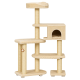 Arbre à chat beige multi-niveaux avec poteaux en sisal, perchoir supérieur, cubby fermé et jouet fleur suspendu sur fond transparent.