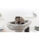 Graue Scottish Fold Katze mit gelben Augen sitzt auf einem plüschigen grauen Katzenbaum in einem hellen Wohnzimmer.