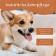 Zwei gelbe Hundekauknochen mit Symbolen und deutschem Text, der niedrigen Fettgehalt, hohen Proteingehalt, hohen Kalziumgehalt, niedrige Kalorien, laktosefrei, gentechnikfrei und glutenfrei angibt.