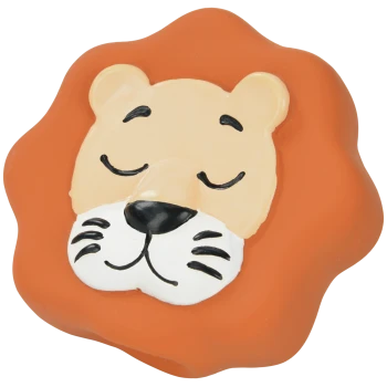 Orangenes Gummispielzeug in Form eines schlafenden Löwengesichts mit cremefarbener Schnauze, schwarzer Nase und Schnurrhaardetails.