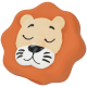 Orangenes Gummispielzeug in Form eines schlafenden Löwengesichts mit cremefarbener Schnauze, schwarzer Nase und Schnurrhaardetails.