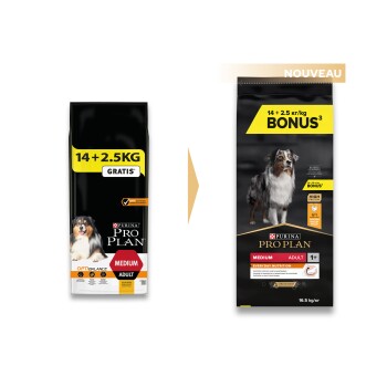 Deux sacs de nourriture pour chiens Purina Pro Plan côte à côte, l'un avec "14 + 2.5KG GRATIS" et l'autre "14 + 2.5 кг/кг BONUS."