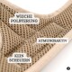 Detail eines beigen, atmungsaktiven Mesh-geschützten, gepolsterten Hundegeschirrs mit den Aufschriften 'WEICHE POLSTERUNG', 'ATMUNGSAKTIV', 'KEIN SCHEUERN'.