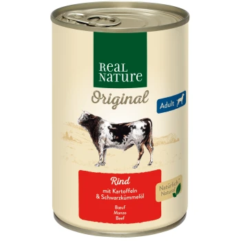 Dosen-Hundefutter mit der Bezeichnung "Real Nature Original", das Rindfleisch mit Kartoffeln und schwarzem Kreuzkümmelöl enthält, geeignet für erwachsene Hunde.