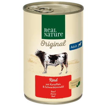 Nourriture en conserve pour chien étiquetée 'Real Nature Original' contenant du bœuf avec des pommes de terre et de l'huile de cumin noir, adaptée aux chiens adultes.