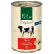 Dosen-Hundefutter mit der Bezeichnung "Real Nature Original", das Rindfleisch mit Kartoffeln und schwarzem Kreuzkümmelöl enthält, geeignet für erwachsene Hunde.