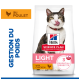 Sac de nourriture pour chat Hill's Science Plan montrant un chat en train de lécher, «LIGHT Mature Adult 7+», «with CHICKEN», «3 ESSENTIAL BENEFITS».