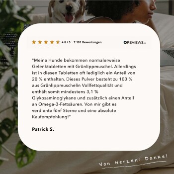 Kundenbewertung eines Haustierprodukts: 4,8/5 Sterne aus 7.191 Bewertungen, lobt ein Grünlippmuschelpräparat für die Ernährung von Hunden.