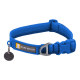 Blaues Hundehalsband von Ruffwear mit einem metallischen D-Ring und einem Anhänger mit einem durchgestrichenen Glockensymbol.