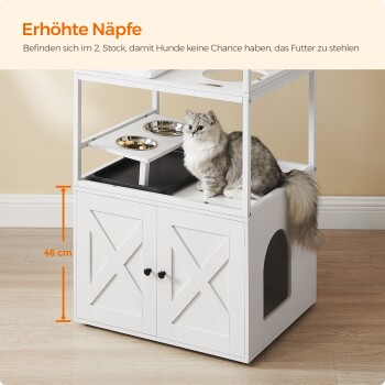 Eine flauschige graue Katze sitzt auf einer weißen erhöhten Futterstation mit Edelstahlschüsseln und einem Stauraum darunter. Höhe: 46 cm.