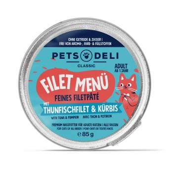 Eine Dose Pets Deli Classic Filet Menü Katzenfutter mit einem bunten Etikett, das Thunfisch und Kürbis zeigt, 85g, ohne Getreide und Zucker.