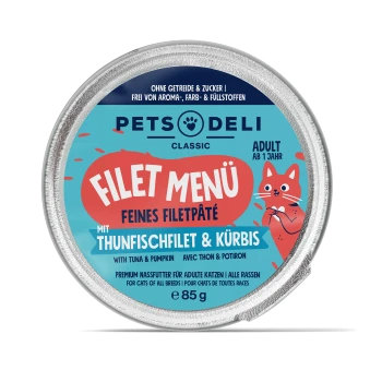 Eine Dose Pets Deli Classic Filet Menü Katzenfutter mit einem bunten Etikett, das Thunfisch und Kürbis zeigt, 85g, ohne Getreide und Zucker.