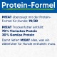 Bild, das M!EAT Hundefutter bewirbt, mit Fokus auf seiner Proteinformel, die 70% tierisches Protein und 30% pflanzliches Protein hervorhebt.