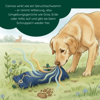 Warnschild mit einem Hund, der ein blaues Spielzeug kaut und beißt, Text auf Deutsch und Englisch: "Nicht als Kau-, Beiß- oder Zerrspielzeug verwenden."