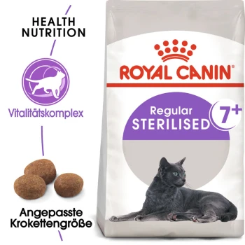 Sterilised 7+ 1.5 kg Royal Canin Regular Sterilised Katzenfutter für Katzen ab 7 Jahren, mit einem Bild einer schwarzen Katze, einer Angabe zur Kibble-Größe und Gesundheitsnahrungsansprüchen.