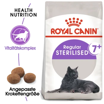 Royal Canin Regular Sterilised Katzenfutter für Katzen ab 7 Jahren, mit einem Bild einer schwarzen Katze, einer Angabe zur Kibble-Größe und Gesundheitsnahrungsansprüchen.