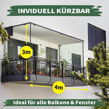 Balkon mit Schutznetz, zeigt "INDIVIDUELL KÜRZBAR" und "Ideal für alle Balkone & Fenster," Maße 3m und 4m.
