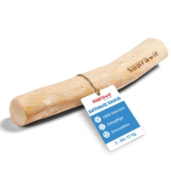 Natürlicher Holzkaustick für Haustiere, mit einer glatten, hellen Oberfläche und abgerundeten Enden, ideal zum Kauen und Spielen.