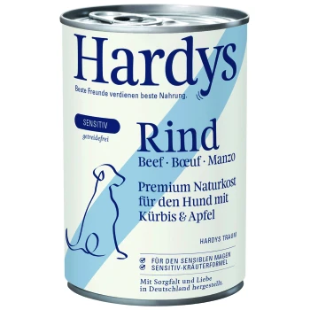 Dose mit Hardys Hundefutter, beschriftet mit "Rind" (Beef) mit Kürbis und Apfel, mit einer blauen Hundesilhouette und Text auf Deutsch über empfindliche Verdauung.