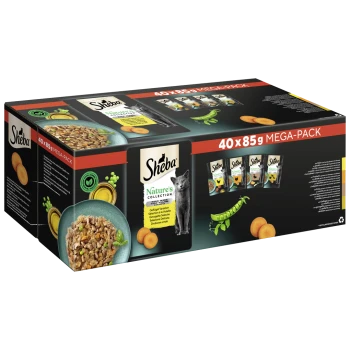 Mega-Pack Sheba Nature's Collection 40x85g avec un bol de nourriture pour chats, des petits pois verts et des friandises orange, avec une image de chat sur la boîte.