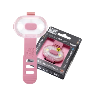 Rosa Max & Molly wiederaufladbares Haustiersicherheitslicht mit USB-C-Ladung, wasserdichtem Design und verstellbarem Riemen.