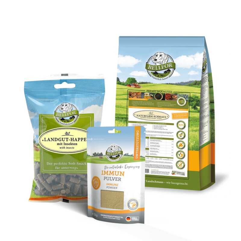 Bellfor Sparset von für mittelgroße Hunde mit Leishmaniose - Naturfarm-Schmaus 2,5 kg + Landgut-Happen 200 g + mmun Pulver 250 g