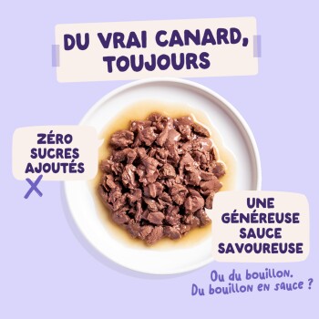 Bol de canard effiloché en sauce avec étiquettes françaises : « DU VRAI CANARD, TOUJOURS » ; « ZÉRO SUCRES AJOUTÉS » ; « UNE GÉNÉREUSE SAUCE SAVOUREUSE ».