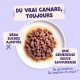 Bol de canard effiloché en sauce avec étiquettes françaises : « DU VRAI CANARD, TOUJOURS » ; « ZÉRO SUCRES AJOUTÉS » ; « UNE GÉNÉREUSE SAUCE SAVOUREUSE ».