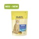 Cat food packaging featuring a ginger cat, labeled "MultiFit ADULT mit Thunfisch," with a green "NEU - NEW" banner.