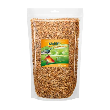 Sac en plastique transparent rempli de crevettes gammarus séchées, étiqueté "Multifit Gammarus," pesant 220g, adapté pour les poissons et les tortues.