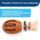 Haustierspielzeug in Form eines braunen, knochenförmigen Leckerli-Spenders mit einem abnehmbaren Snackring aus natürlichem Rohhaut und getreidefreien Zutaten.