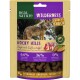 Pet snack package for "Real Nature Wilderness Crunchy Snack - Rocky Hills," with a wolf backdrop. Contains 64% goat, 36% veggies, no grains.