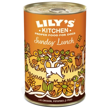 Dose von Lily's Kitchen "Sonntagsessen" Hundefutter mit einer bunten Hundillustration, die Huhn, Kartoffeln und Erbsen zeigt.