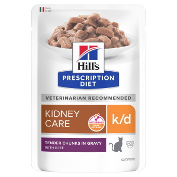 Hill's Prescription Diet k/d Kidney Care Katzenfutterbeutel, 'Tender Chunks in Gravy' mit Rind, 'Von Tierärzten empfohlen'.