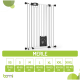 Weißes Haustiergitter mit schwarzem Griff/Basis, beschriftet mit "MERLE", zeigt Größenoptionen von XS bis XXXL mit Höhenangaben in cm.