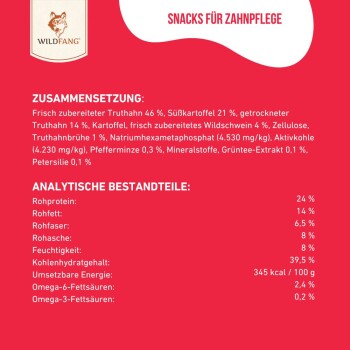 Roter Hintergrund mit weißem Text, der Zutaten und Nährwerte für "Wildfang Snacks für Zahnpflege" auflistet: Truthahn, Süßkartoffel und Mineralien.