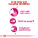 Infographic titled "Give Your Cat Tailored Nutrition" with icons for "Aromatic attraction," "Optimal weight," and "Individual preference."