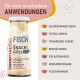 Flasche mit Smoothiecat Fischsnack für Katzen mit aufgeführten Verwendungszwecken: kalorienarmer Snack, Futtertopping, Wasserzusatz, Beschäftigung, Katzenkekse, Medikament, Flüssignahrung.
