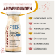 Flasche mit Smoothiecat Fischsnack für Katzen mit aufgeführten Verwendungszwecken: kalorienarmer Snack, Futtertopping, Wasserzusatz, Beschäftigung, Katzenkekse, Medikament, Flüssignahrung.
