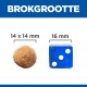 Afbeelding die de grootte van een huisdierenvoerbrokje (14 x 14 mm) vergelijkt met een blauwe dobbelsteen (16 mm), met de tekst 'BROKGROOTTE' erboven.