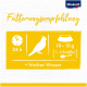 Fütterungsempfehlung für Vögel: 10-15g (1-2 Esslöffel) täglich, mit frischem Wasser, auf einem gelben Hintergrund angezeigt.